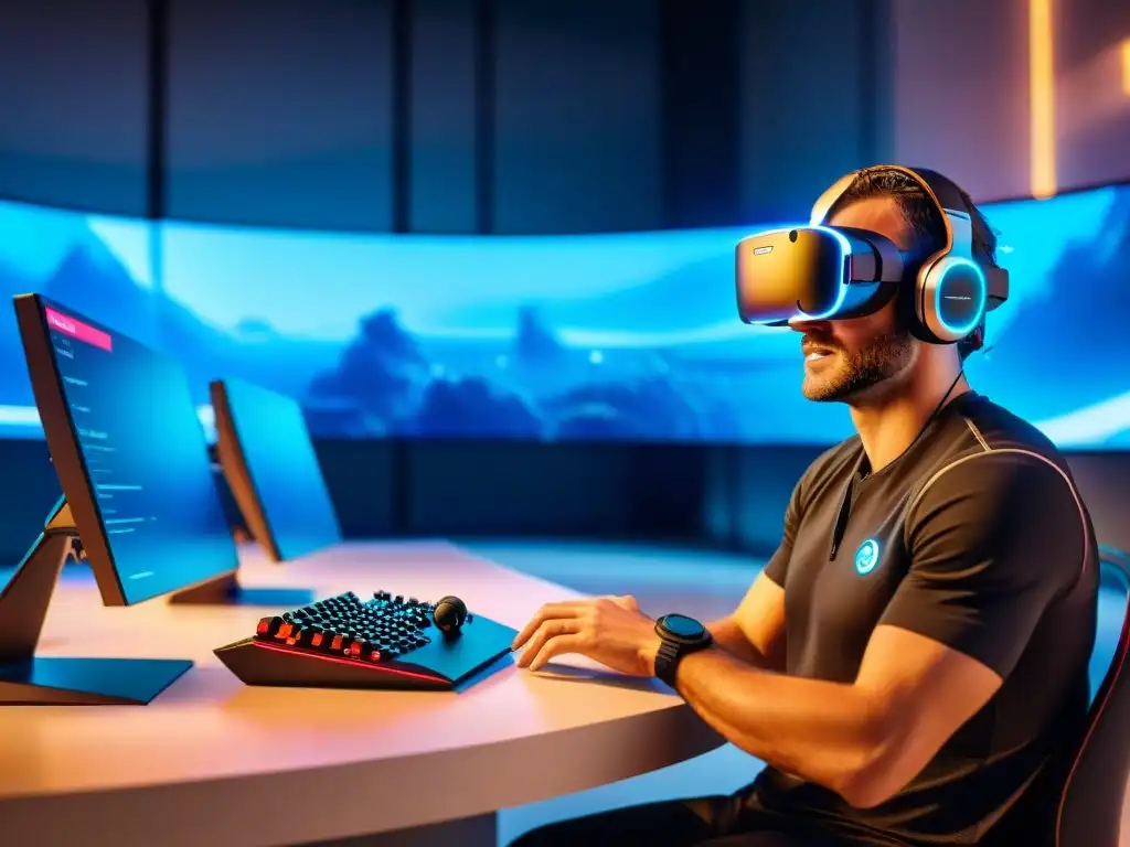 Equipo de ingenieros y desarrolladores prueban prototipo de consola de juego futurista en laboratorio de alta tecnología