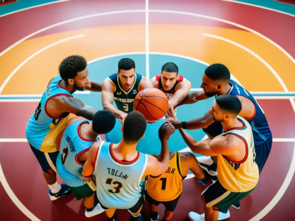 Equipo de jóvenes jugadores de baloncesto de América Latina, unidos en la cancha con motivos culturales