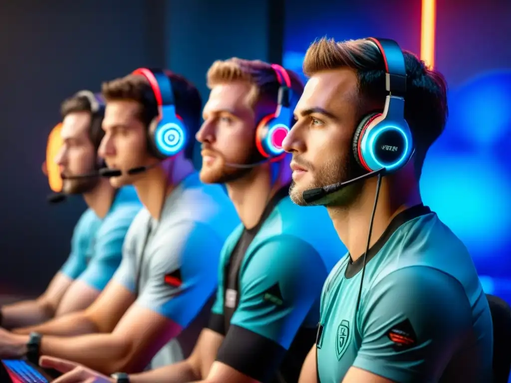 Equipo de jugadores eSports concentrados en el entrenamiento, rodeados de tecnología y luces LED en una arena