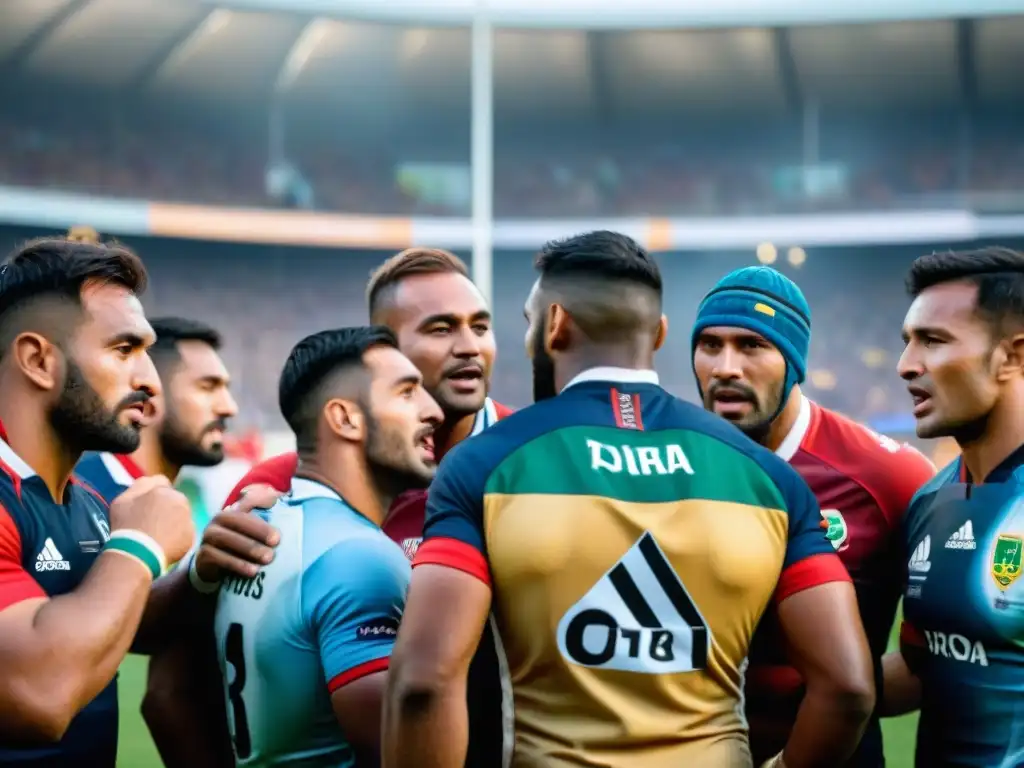 Equipo de rugby latinoamericano listo para la victoria Equipo de rugby de América Latina en círculo, preparándose para el partido con determinación, rodeados de una multitud vibrante
