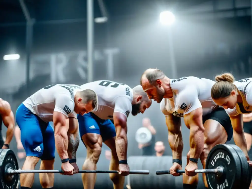 Equipo ruso de Crossfit levantando pesas en competencia, mostrando fuerza y pasión