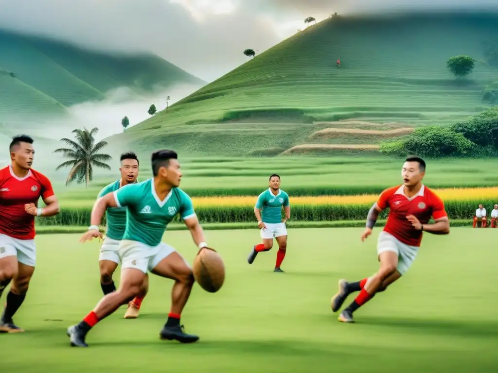 Dos equipos compiten en el Rugby Sagrado Manipur, mostrando intensidad y tradición en un paisaje exuberante