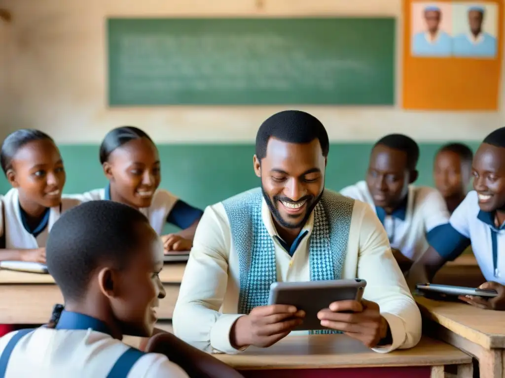 Una escena africana vibrante: estudiantes participan en juegos de simulación en educación africana con tecnología y tradición