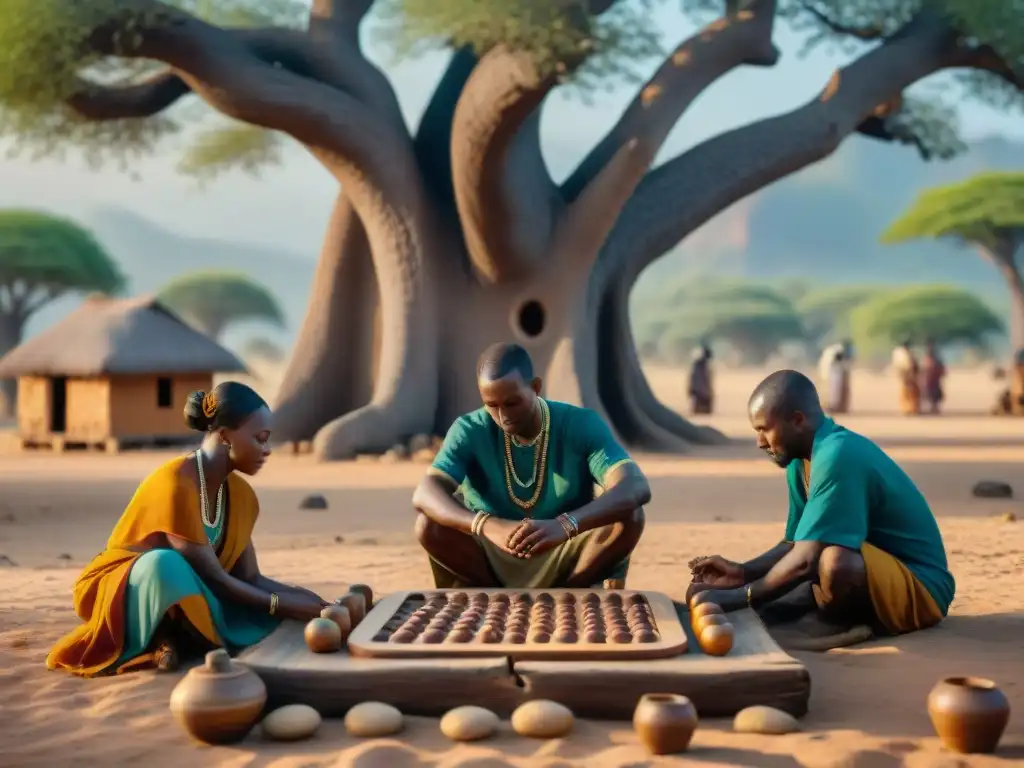 Escena ancestral africana con el Mancala bajo baobab: Origen y evolución del Mancala