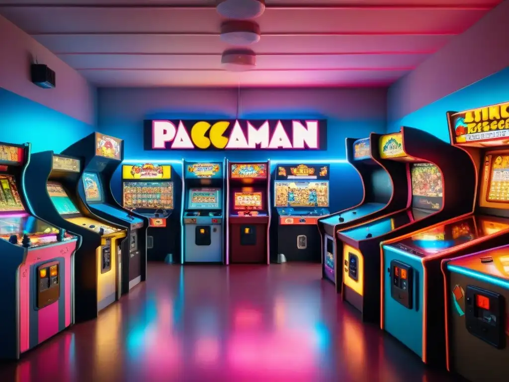 Una escena animada de un bullicioso arcade de los 80 en América Latina, con luces de neón y jugadores emocionados disfrutando de clásicos como PacMan y Street Fighter