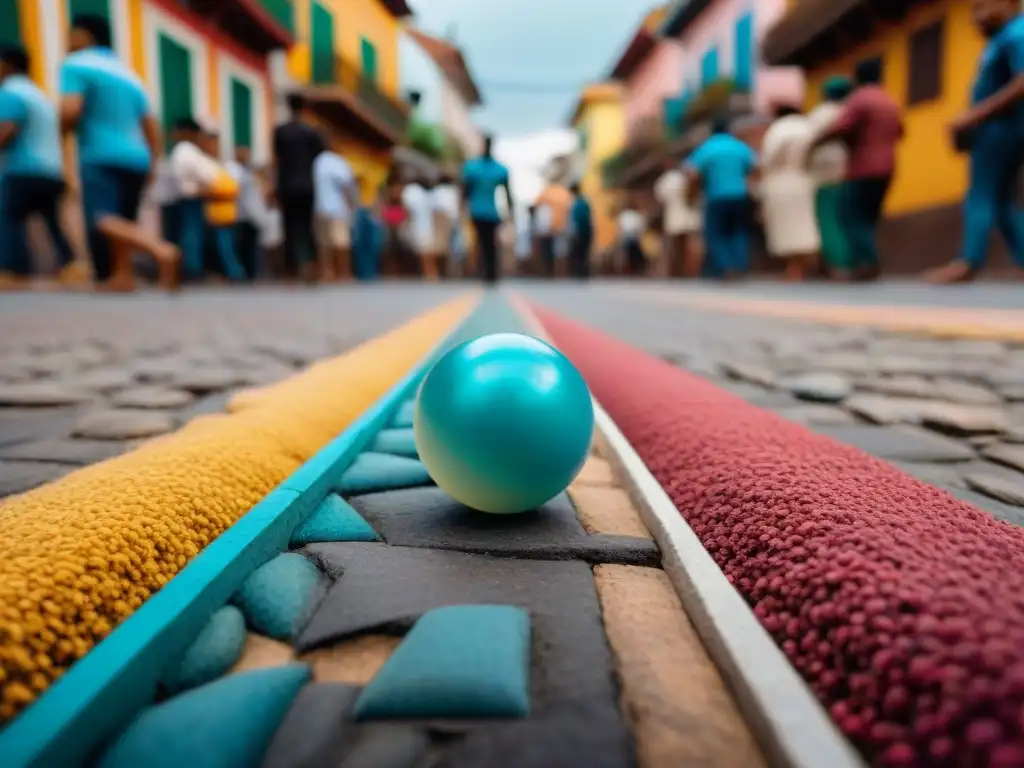 Escena animada de juegos tradicionales en Latinoamérica: niños y adultos juegan bolitas, rayuela y trompos en una colorida calle llena de vida