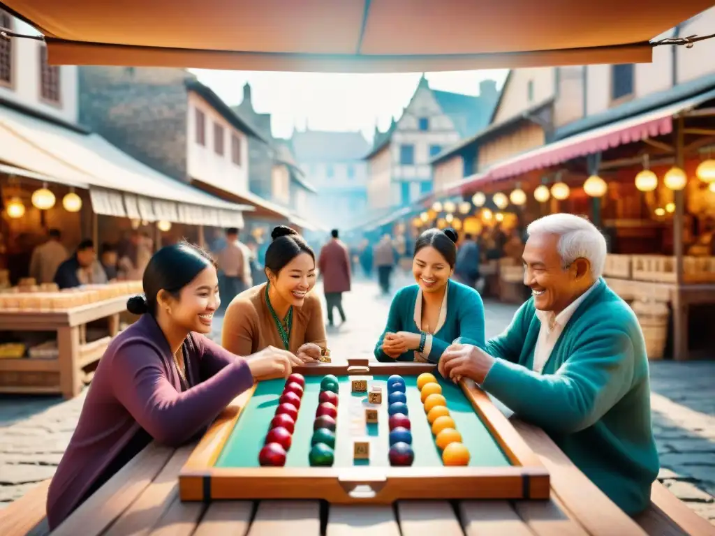 Escena animada de juegos tradicionales en mercado emergente con diversidad de personas disfrutando de juegos y juguetes coloridos