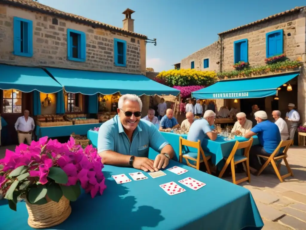 Escena animada de mercado mediterráneo con jugadores de Brisca bajo el sol, rodeados de flores y mar