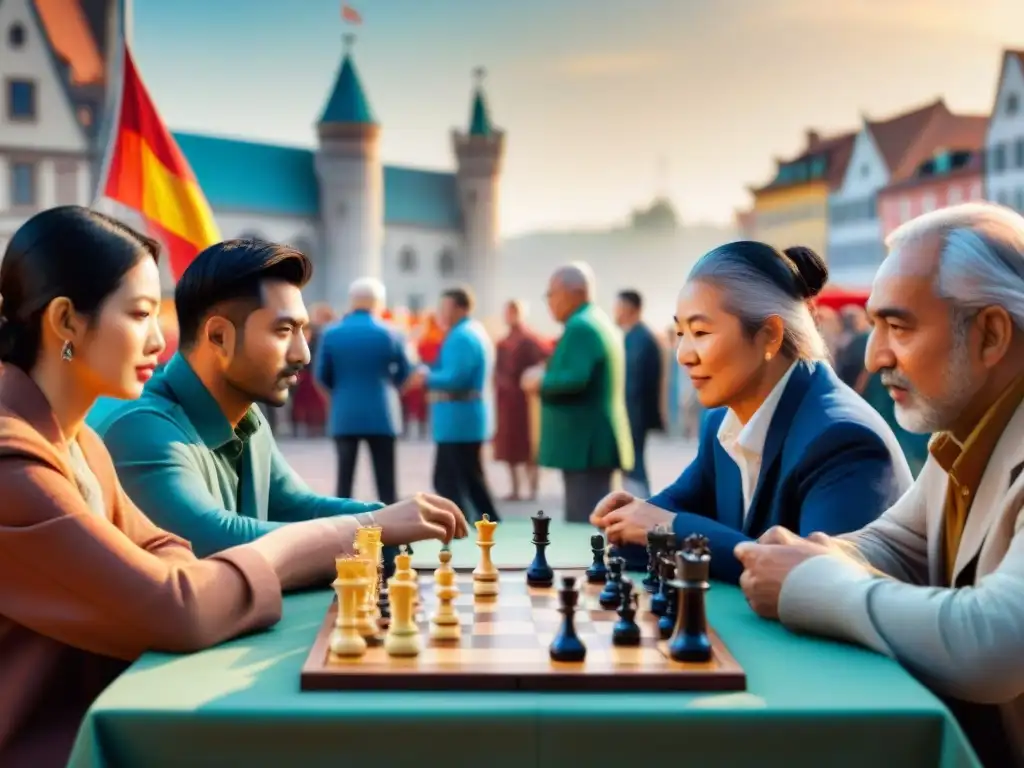 Una escena animada en una plaza de ciudad con gente de todas las edades y culturas disfrutando de juegos tradicionales mundiales