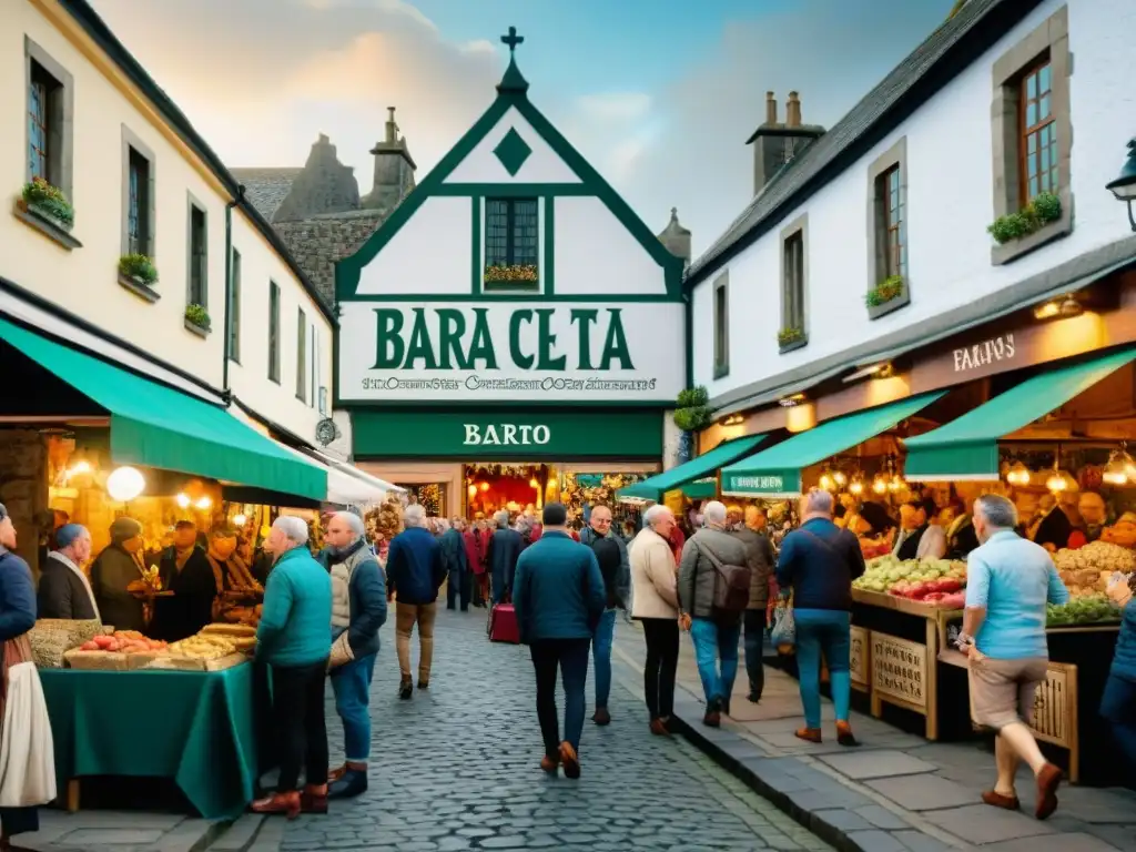 Escena de animado mercado celta en una histórica ciudad, reflejando el origen y evolución de Barra Celta