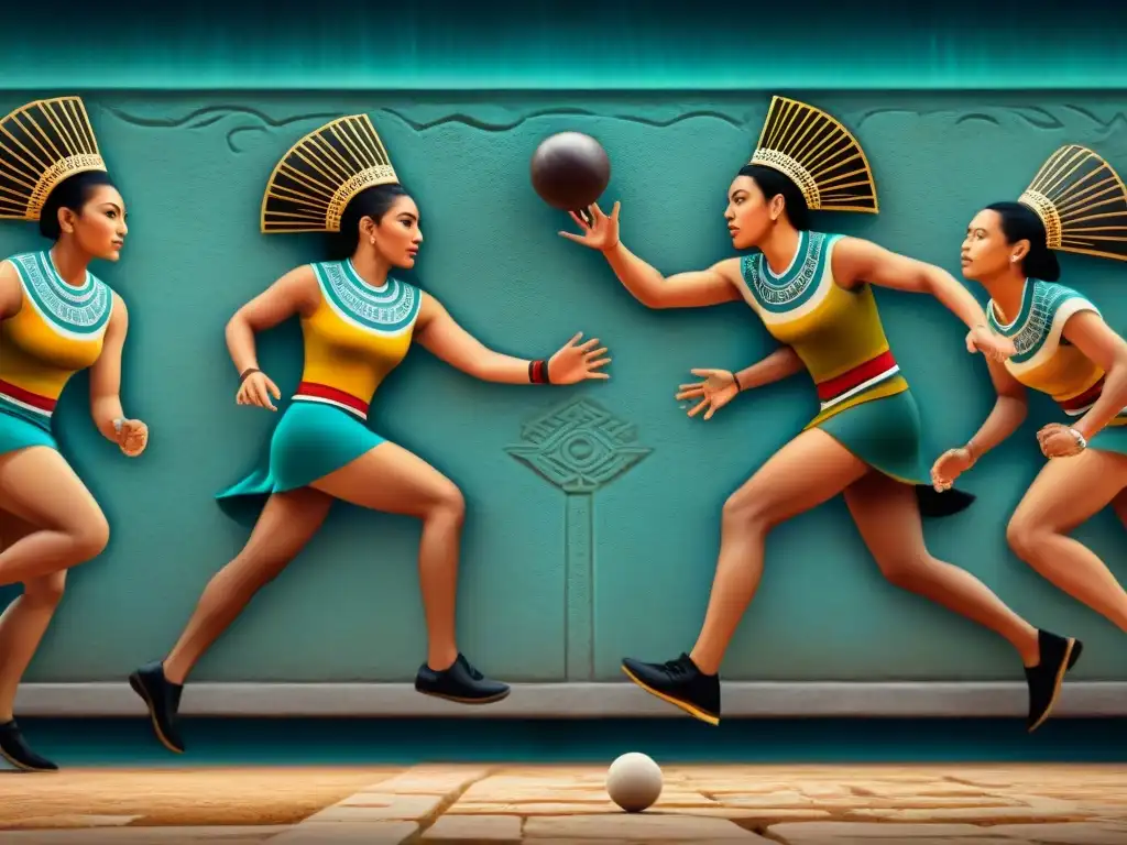 Escena de atletas mayas jugando un juego de pelota, con grabados detallados y significativos