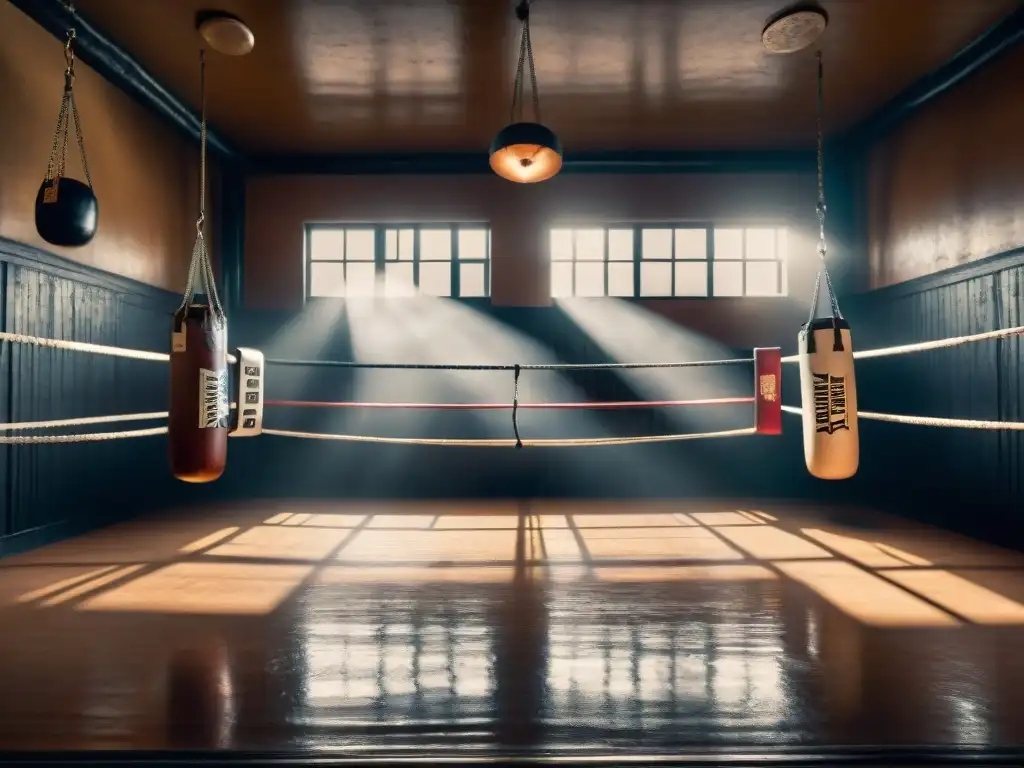 Escena en blanco y negro de un gimnasio de boxeo vintage con bolsas y guantes desgastados, reflejando la influencia del boxeo en moda