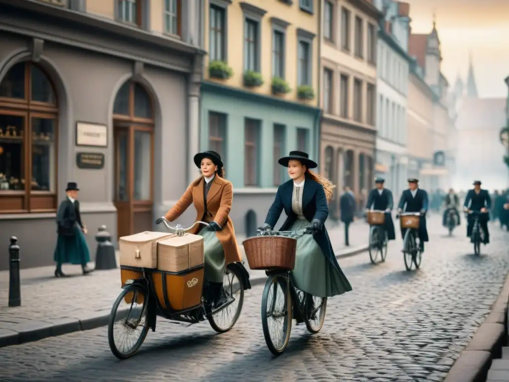 Escena de calle europea en la década de 1900, muestra evolución del ciclismo con personas en bicicletas