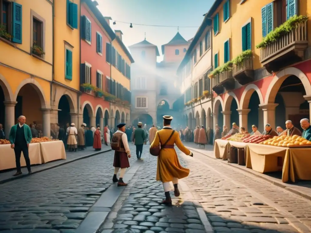 Escena callejera renacentista con juegos tradicionales y edificios históricos