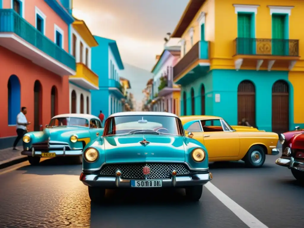 Escena callejera vibrante en ciudad latinoamericana con autos vintage y entusiastas