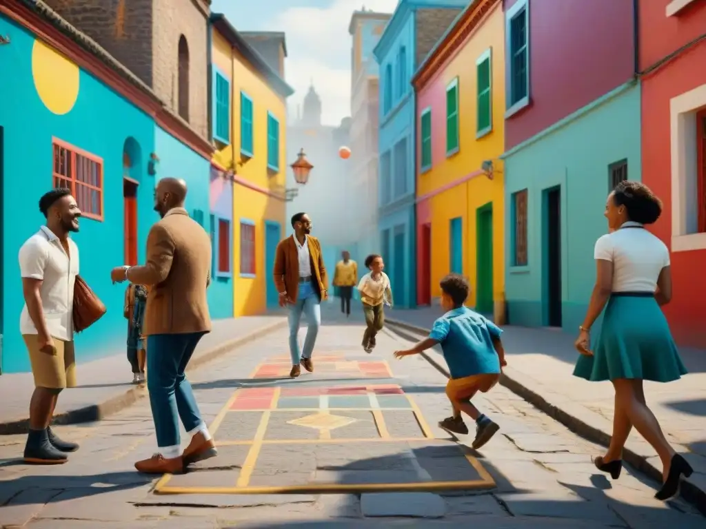Escena callejera vibrante: juegos tradicionales y comunidad Escena callejera vibrante con juegos tradicionales, evolución social juegos calle