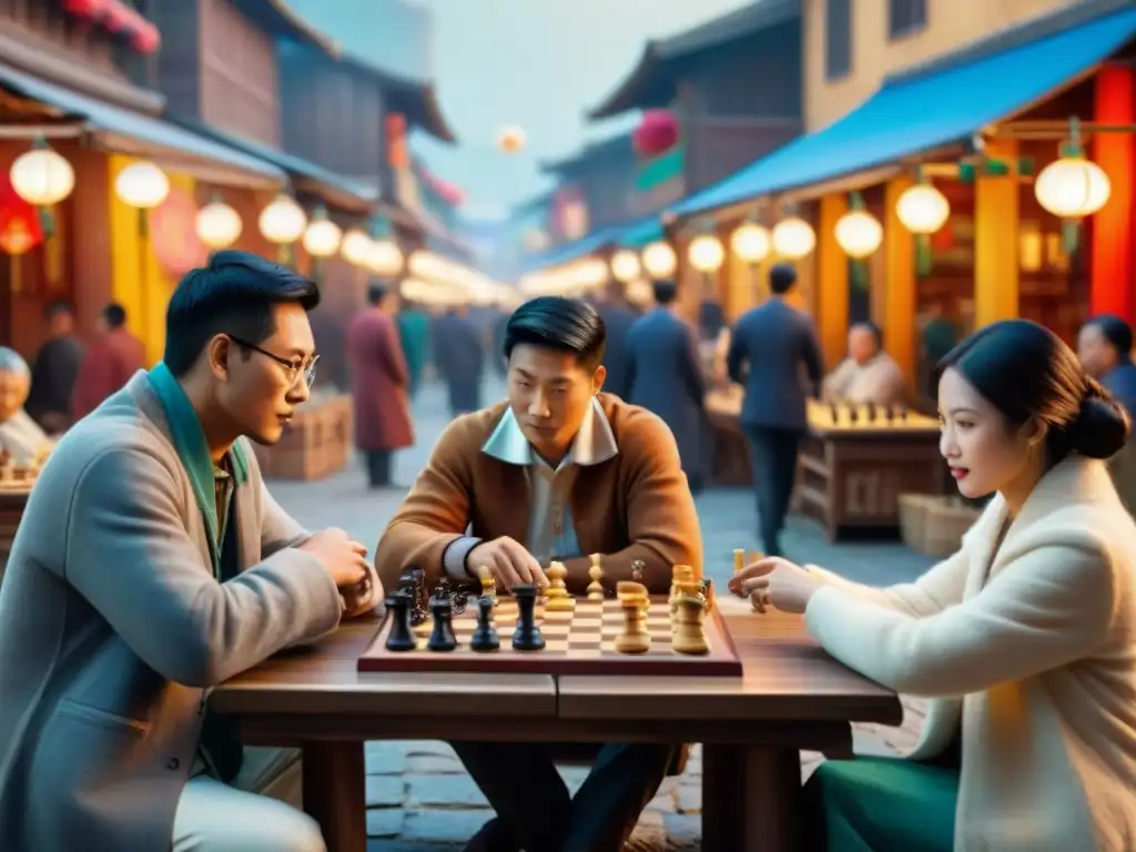 Escena callejera vibrante con juegos tradicionales de diferentes culturas en un mercado colorido