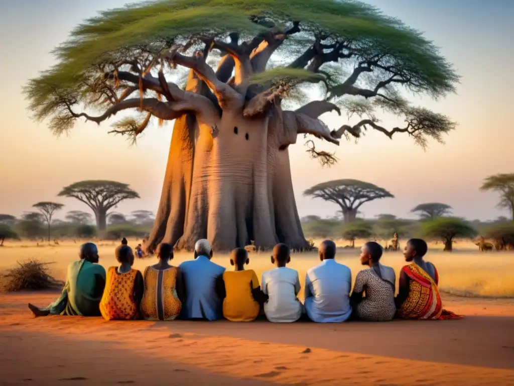 Escena cautivadora de ancianos africanos contando historias bajo un imponente baobab, rodeados de niños