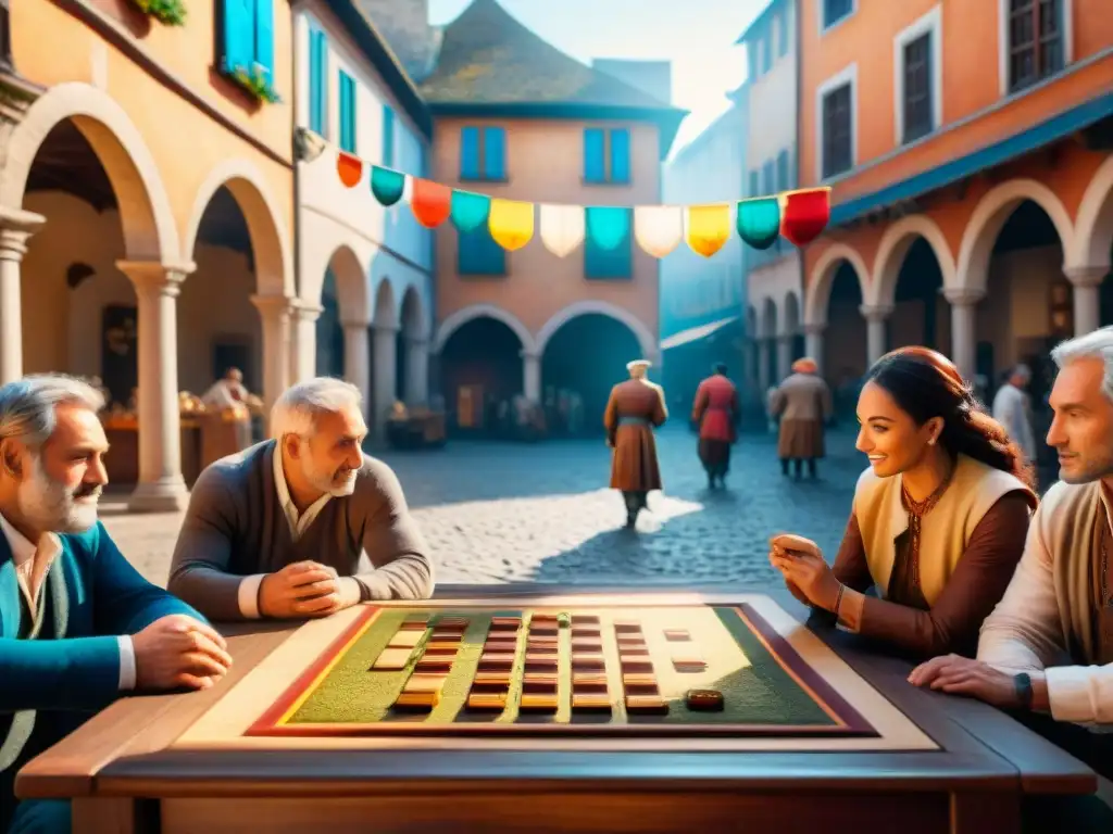 Una escena cautivadora de diversidad cultural y juegos tradicionales en una plaza histórica