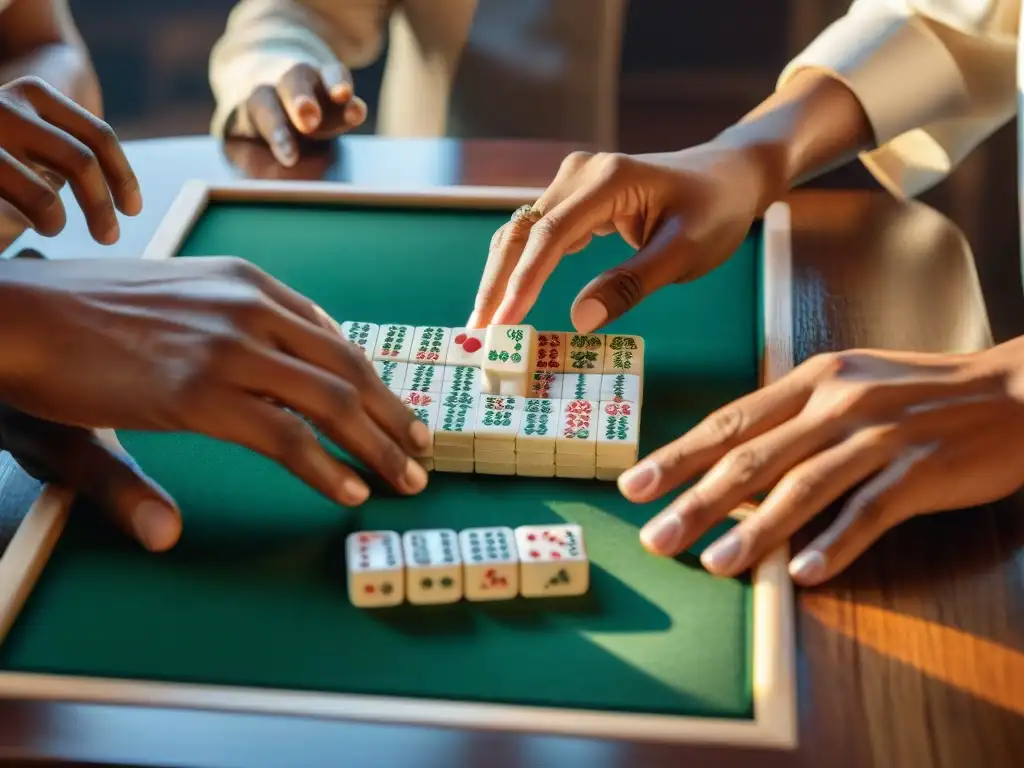 Emociones entrelazadas: jugadores de Mahjong en acción Una escena cautivadora de jugadores de Mahjong con diversas tonalidades de piel, mostrando la Psicología del juego de Mahjong
