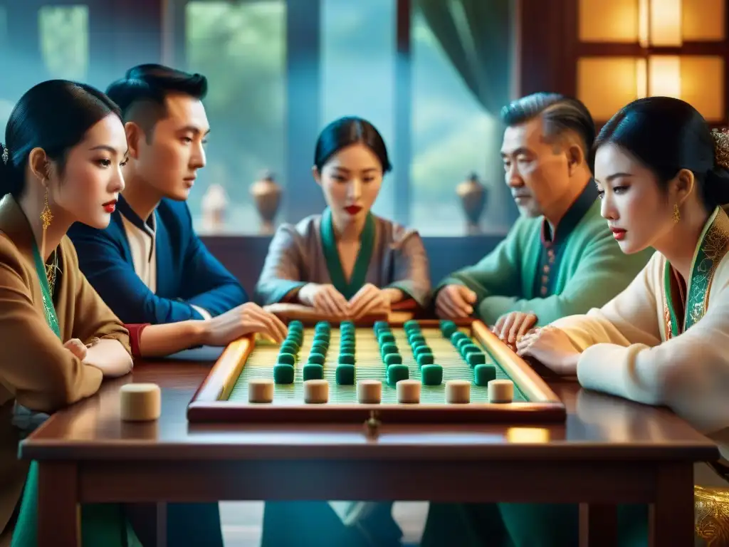 Una escena cautivadora de personas concentradas en un juego de Mahjong, rodeadas de decoraciones chinas