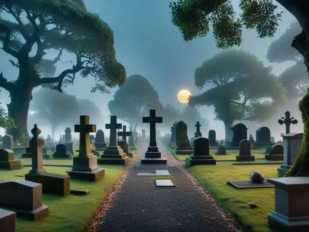 Escena de cementerio histórico iluminado por la luna para practicar parkour nocturno