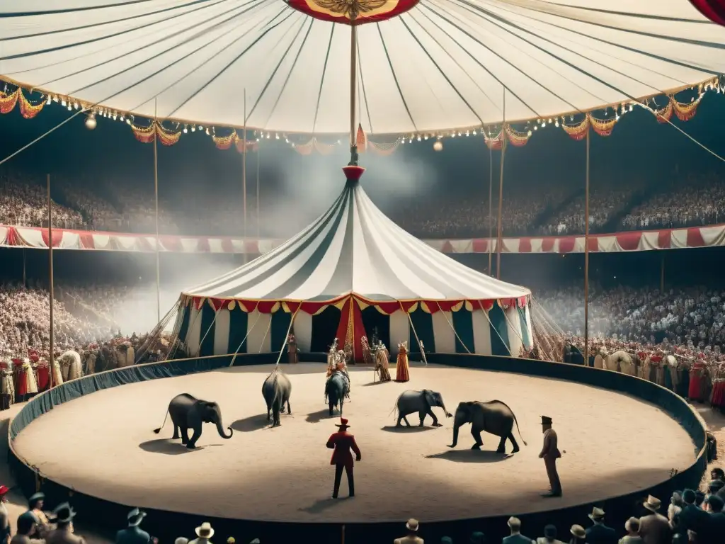 Escena de circo en América Latina del siglo XX con acróbatas, payasos y animales, evocando la historia del circo en América