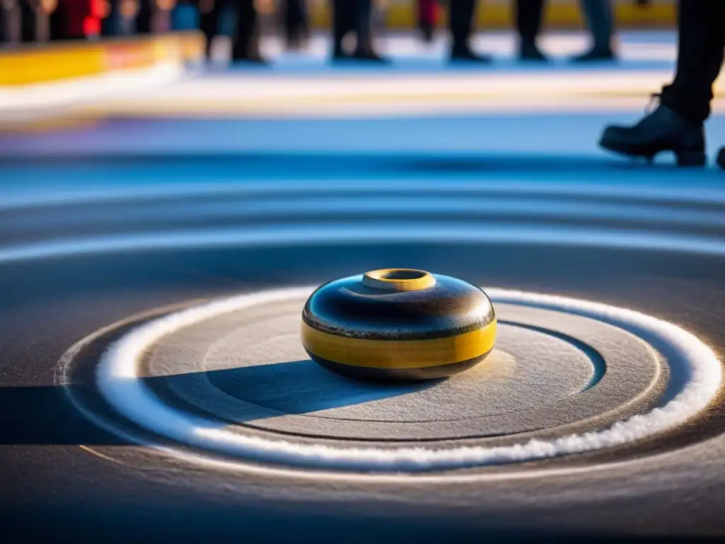 Escena de curling en Escocia: piedras detalladas sobre hielo con jugadores en vestimenta tradicional