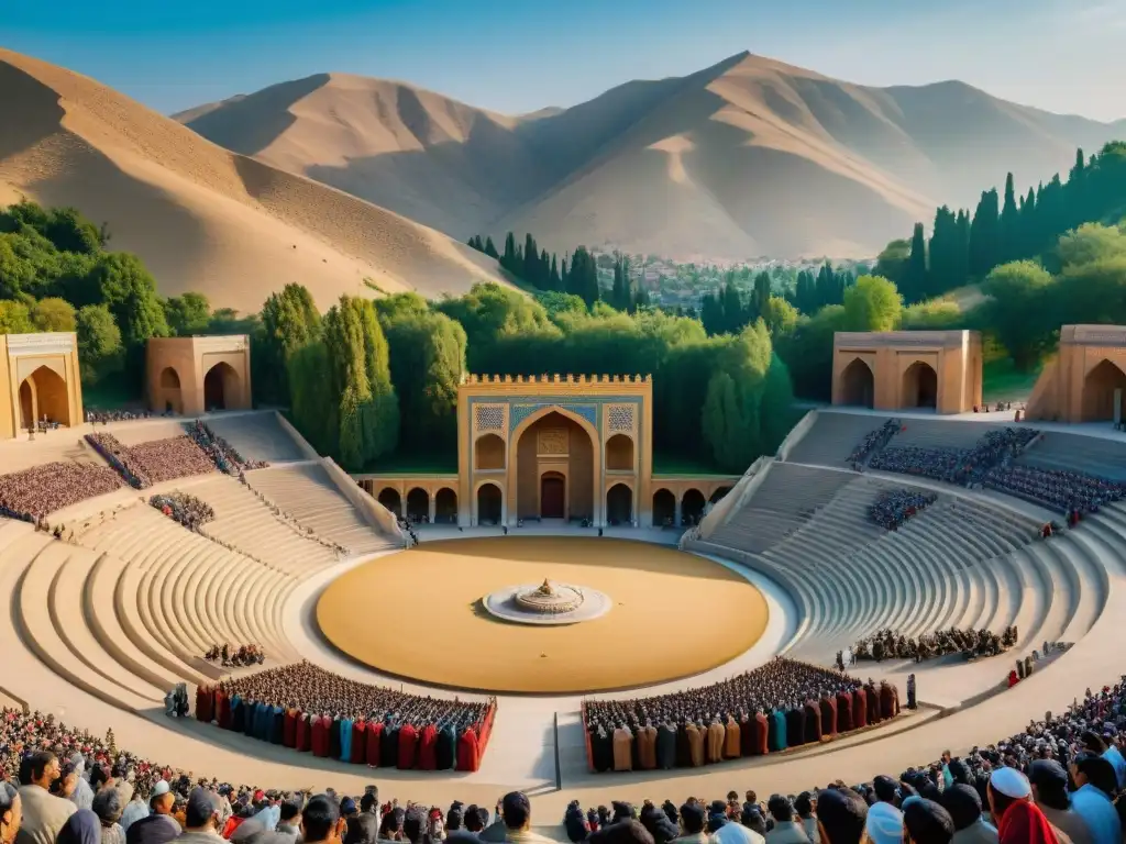 Escena detallada del anfiteatro en Persia donde se celebraban las competiciones de los Juegos Olímpicos Persas