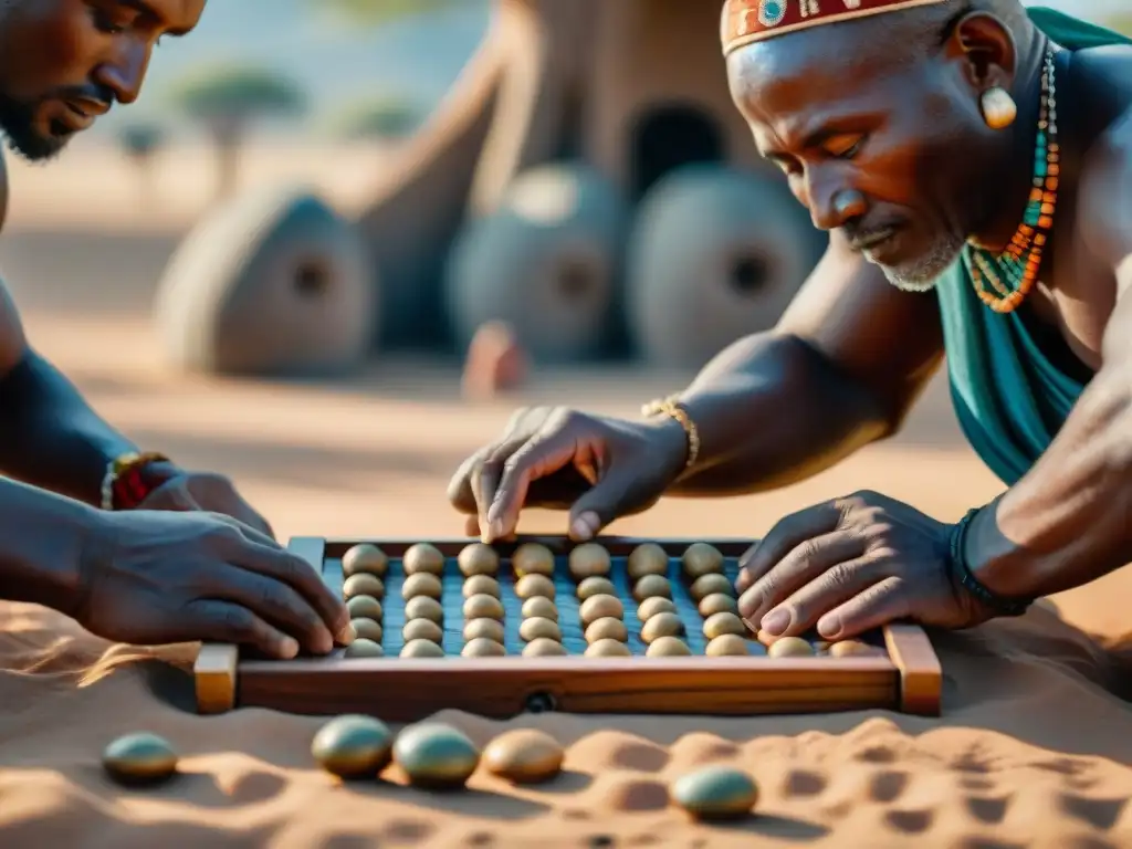 Escena detallada de antiguas tribus africanas jugando Mancala bajo un baobab