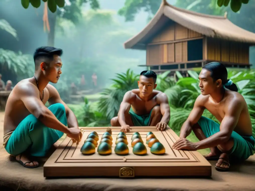 Escena detallada de un antiguo pueblo indonesio jugando Dakon bajo árboles altos, reflejando la historia y evolución del Dakon