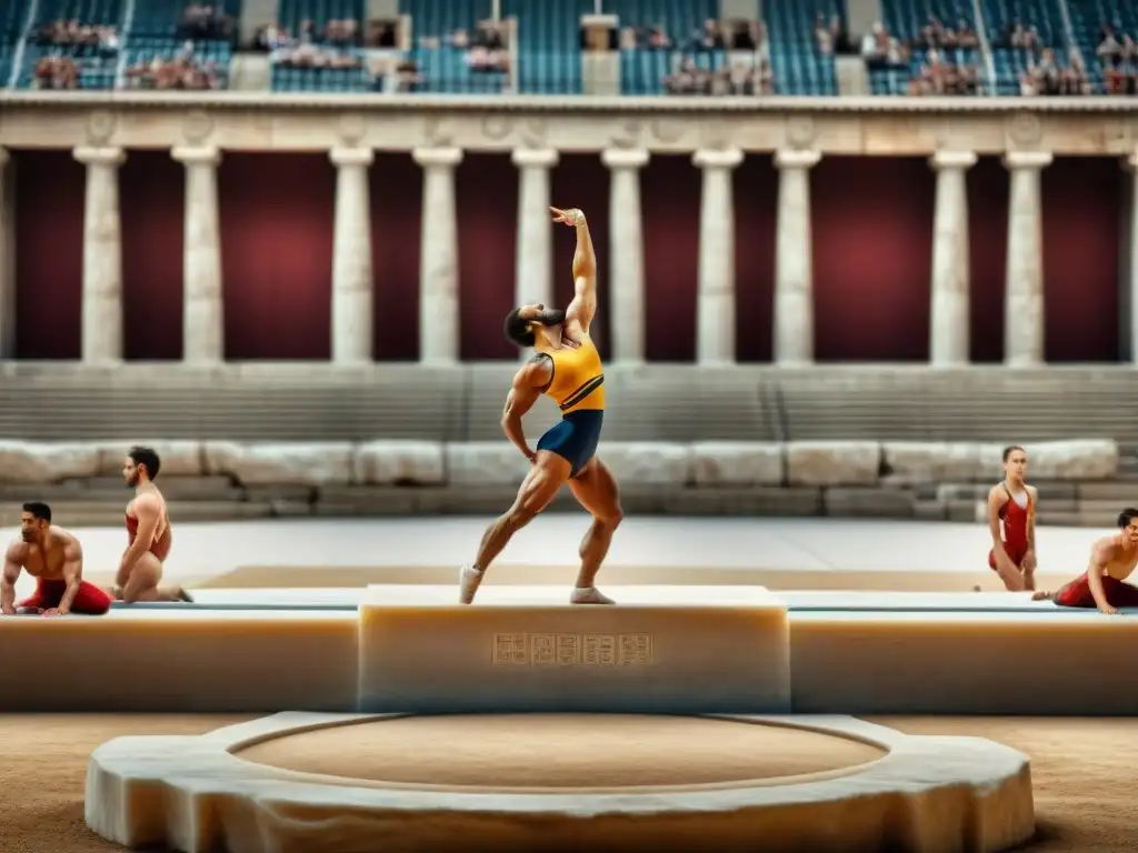 Escena detallada de atletas griegos practicando ejercicios en un estadio de mármol, destacando la evolución de la gimnasia en cultura