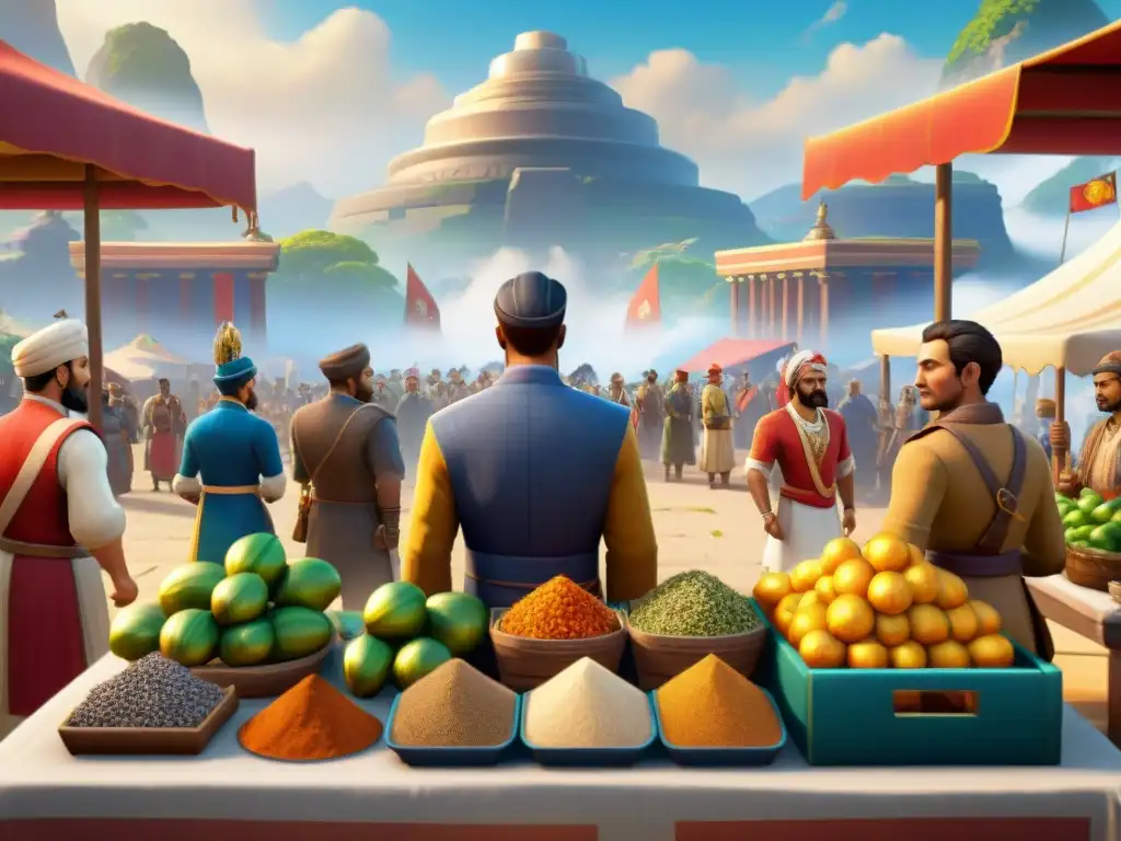 Escena detallada de un bullicioso mercado en Civilization VI, con intercambio de recursos entre civilizaciones