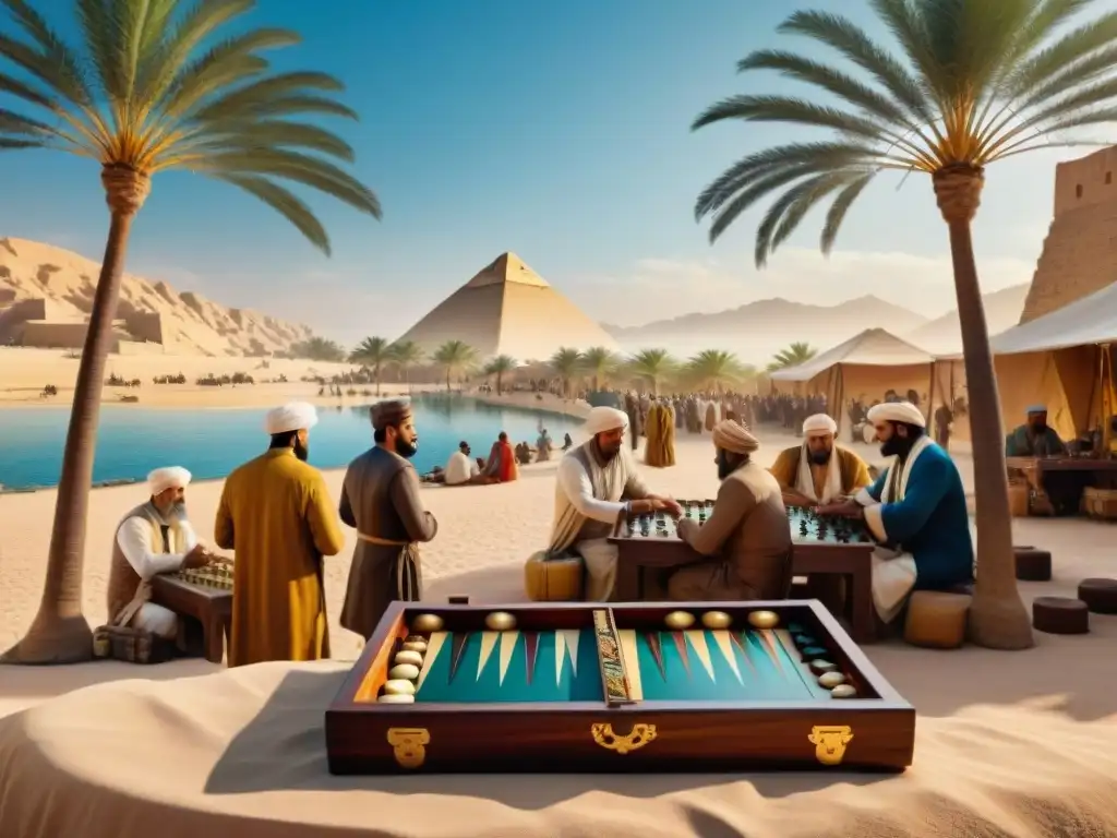 Escena detallada de un bullicioso mercado mesopotámico con partidas de backgammon, evocando el origen del backgammon en Oriente