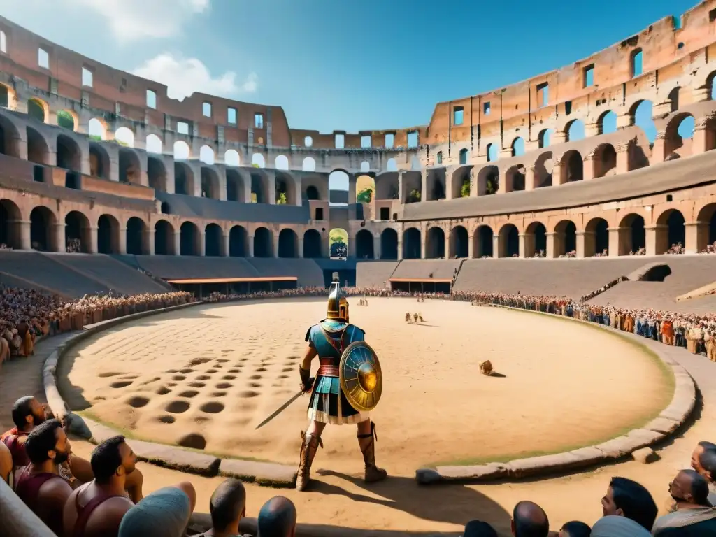 Escena detallada del Coliseo Romano con gladiadores, espectadores y arquitectura antigua bajo un cielo azul