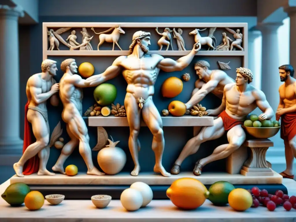 Escena detallada: atletas griegos en banquete de la antigüedad Escena detallada de escultura de mármol de atletas griegos antiguos disfrutando de festín