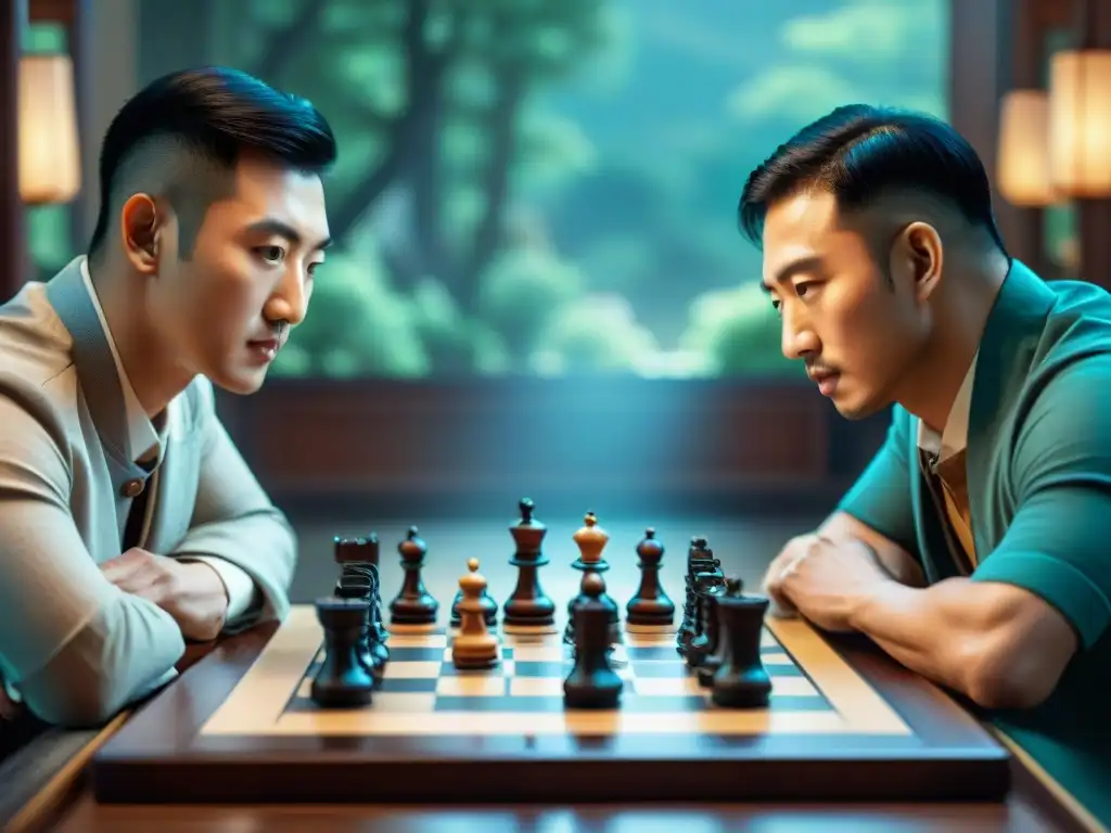 Una escena detallada de jugadores de Janggi, inmersos en la estrategia del juego ancestral coreano, en un entorno cultural histórico