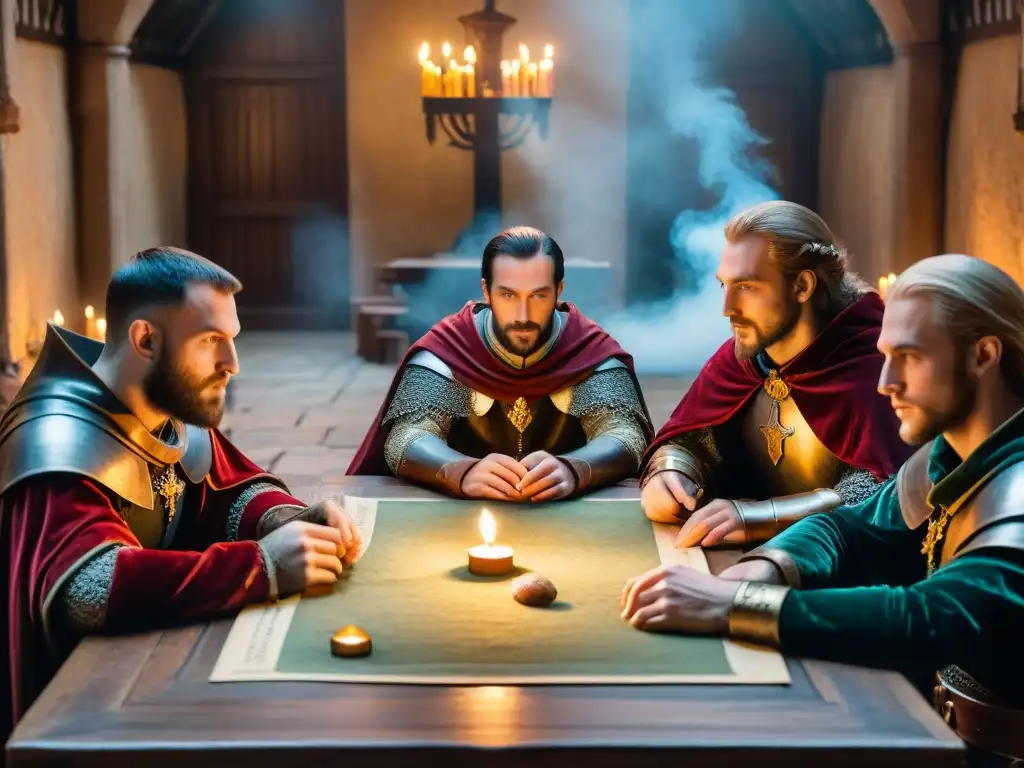Una escena detallada de jugadores de rol con atuendos medievales, inmersos en una mesa iluminada por velas