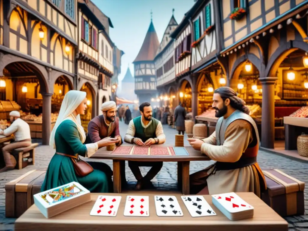 Escena detallada de mercado medieval europeo con comerciantes y juego de cartas, reflejando la evolución cultural de los naipes