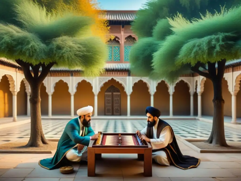 Escena detallada de un patio de palacio persa antiguo, con nobles jugando backgammon