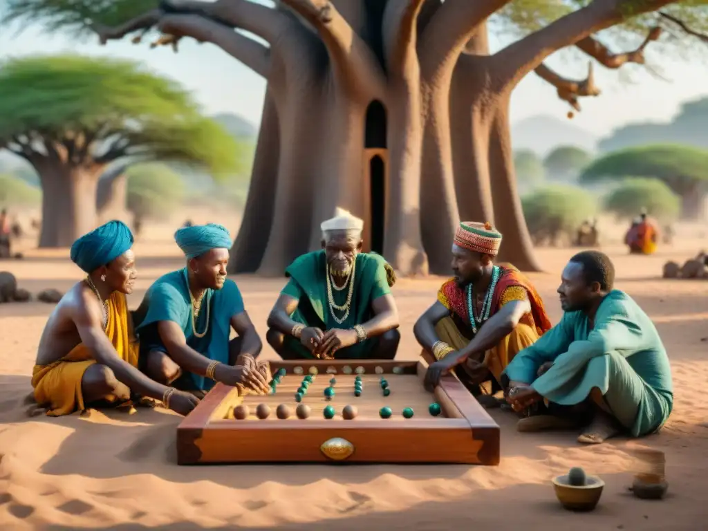 Una escena detallada de un pueblo africano con ancianos jugando mancala bajo un baobab