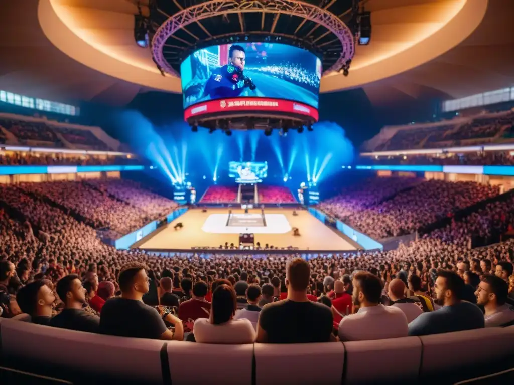 Una escena emocionante de eSports históricos con jugadores concentrados, espectadores animados y luces coloridas