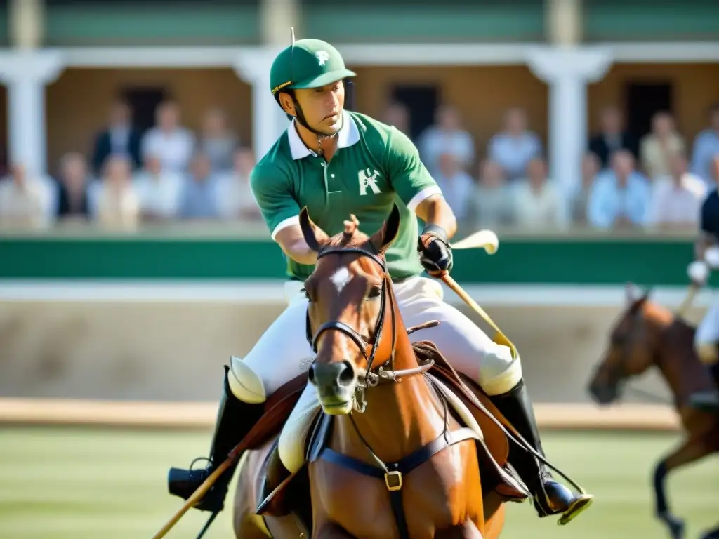 Escena emocionante del polo en España: jugadores elegantes en caballos compiten en un campo verde, capturando la evolución del polo