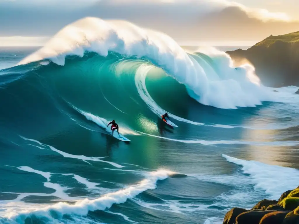 Una escena emocionante en Punta de Lobos, Chile, donde surfistas desafían olas gigantes al atardecer