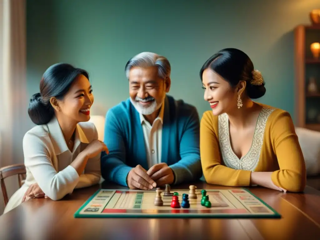 Una escena emotiva de tres generaciones disfrutando juntas del juego Ludo, resaltando la importancia histórica del juego