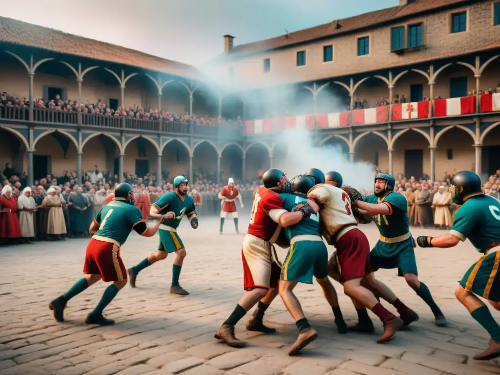 Escena épica de fútbol medieval en plaza llena de emoción y caos