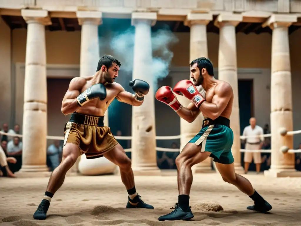 Escena épica: Hombres griegos en pelea de boxeo en polvo y sol