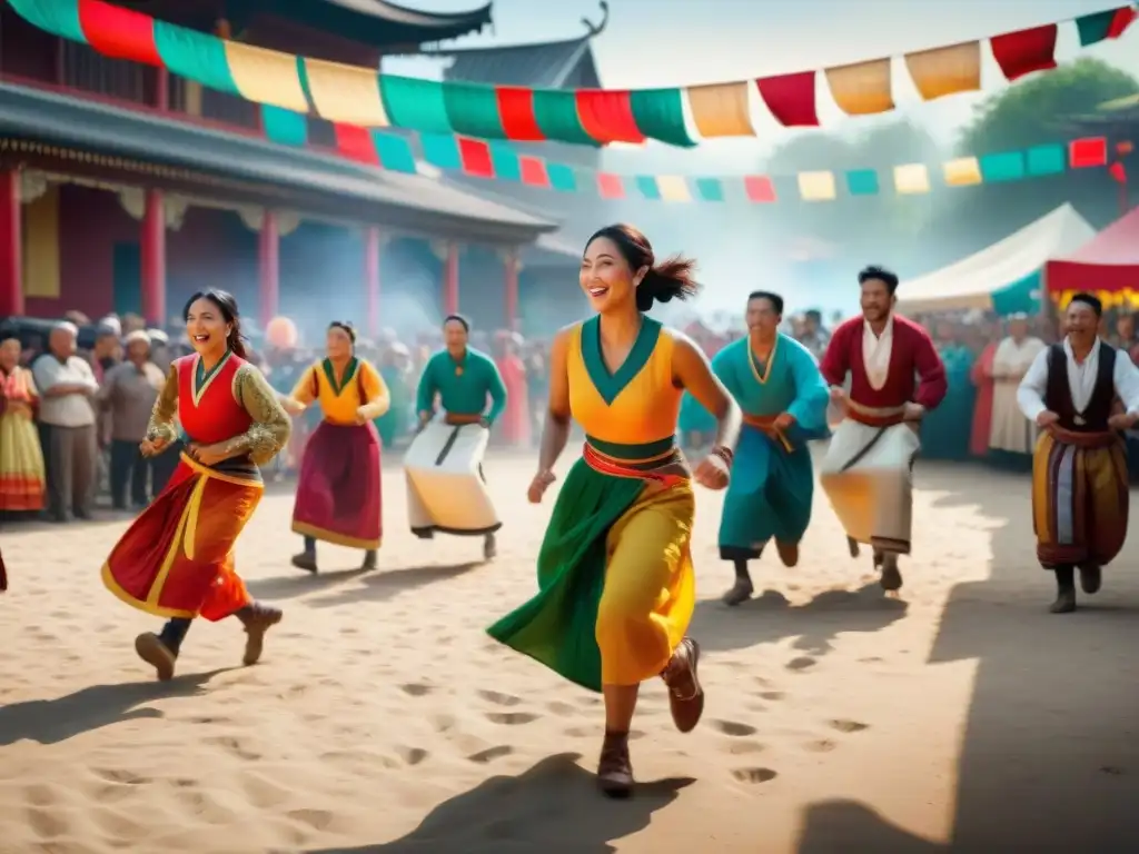 Festival tradicional: juegos, bailes y diversidad cultural Escena festiva de juegos tradicionales en una plaza, con personas de todas las edades participando en actividades culturales coloridas