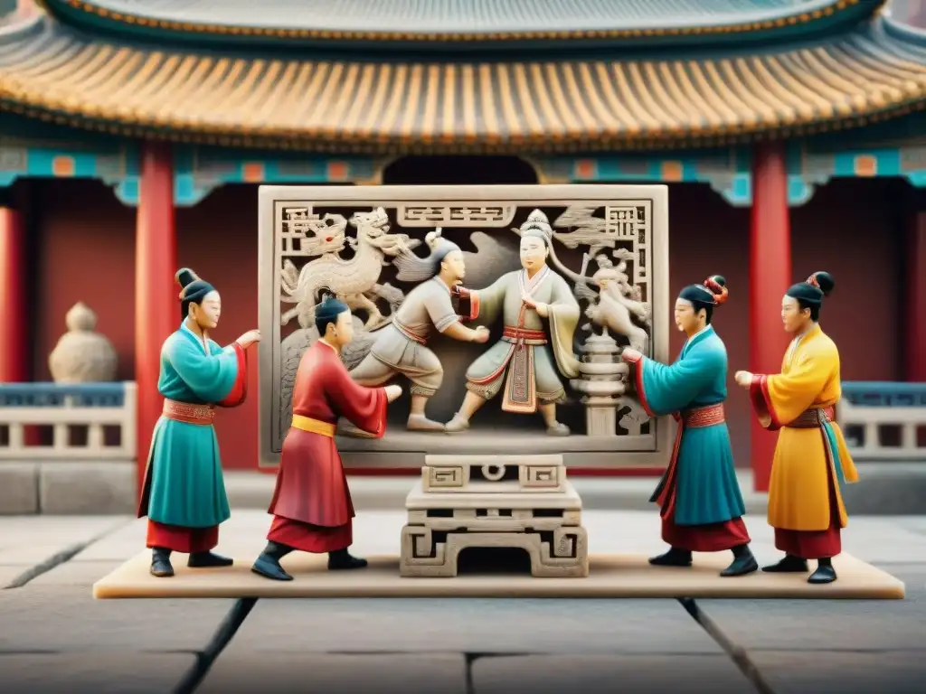 Escena de Fútbol antiguo China Tsu Chu: atletas chinos en mercado histórico con arquitectura tradicional y público animado