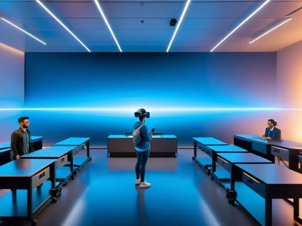 Escena futurista de aula con juegos educativos del futuro: hologramas, realidad virtual, luz azul innovadora